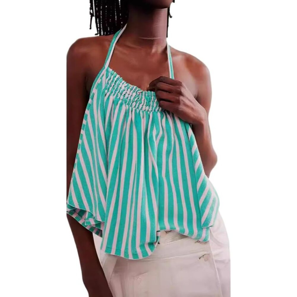 Free People We The Free Coastal Town Halter Top Green White Large